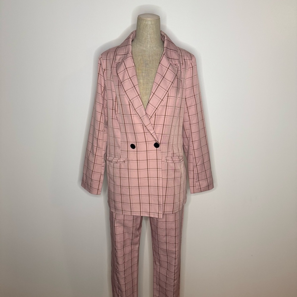 Missguided Pink Plaid Blazer Suit Set